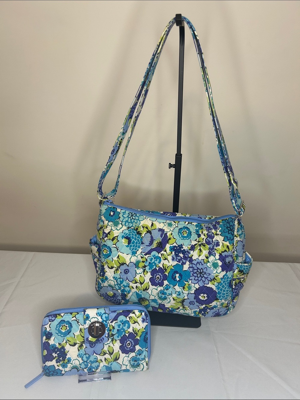 Vera Bradley Floral Blue Crossbody Shoulder Bag and Wallet Set